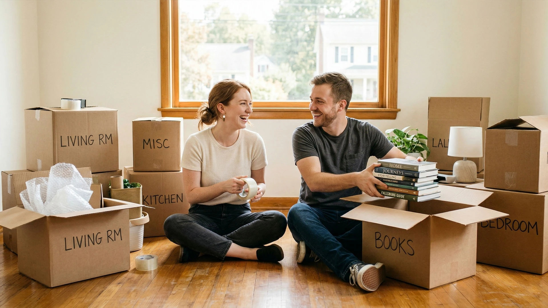 Young couple in their 20s unpacking boxes while moving into a new home